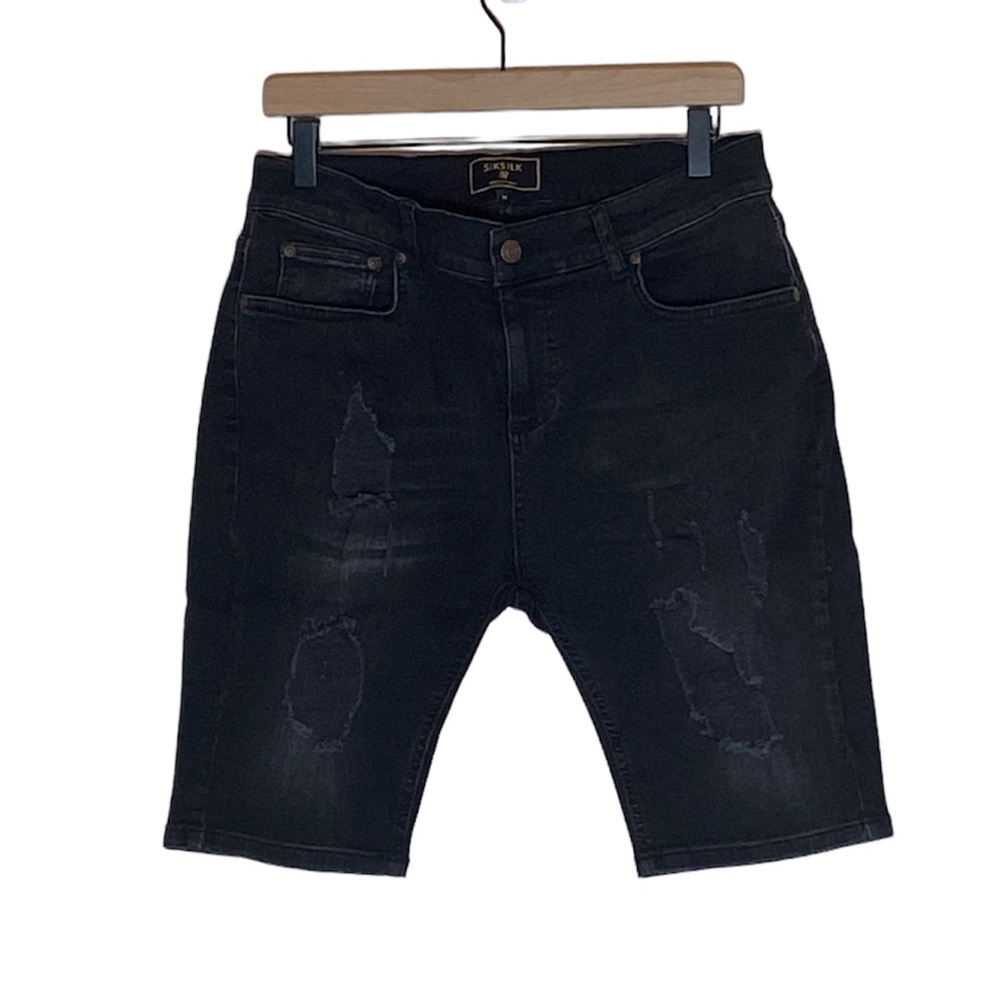 SikSilk Distressed Skinny Shorts in Black Size Medium